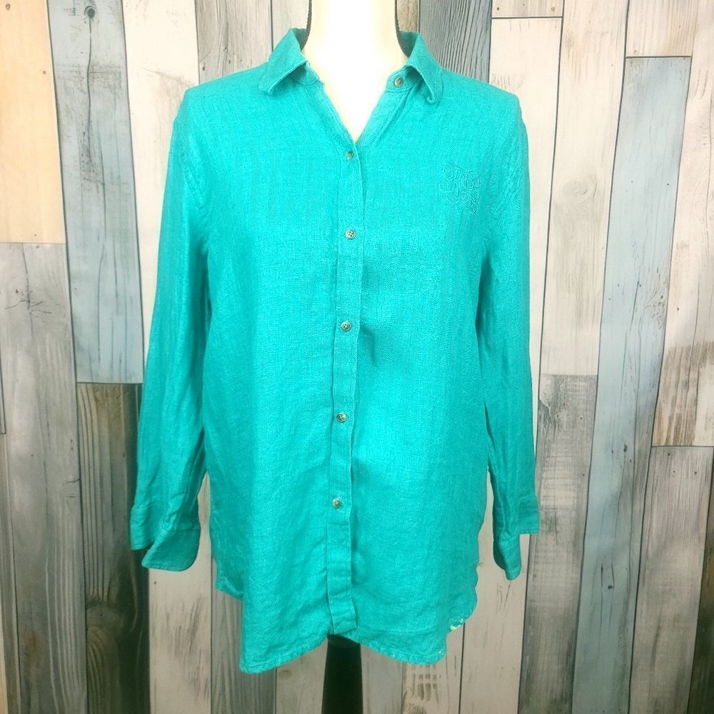 Ralph Lauren Teal Long Sleeve Linen Button Down Shirt Size Large